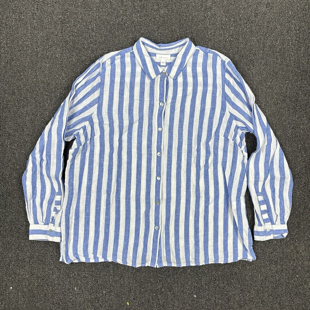 J.Jill Love Linen Shirt Blue White Striped Button 100% Linen Womens Size Large